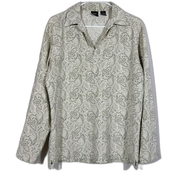 Silk Icon 100% Silk Paisley Button-Up Shirt Womens Small Beige Green Long Sleeve - Picture 1 of 15